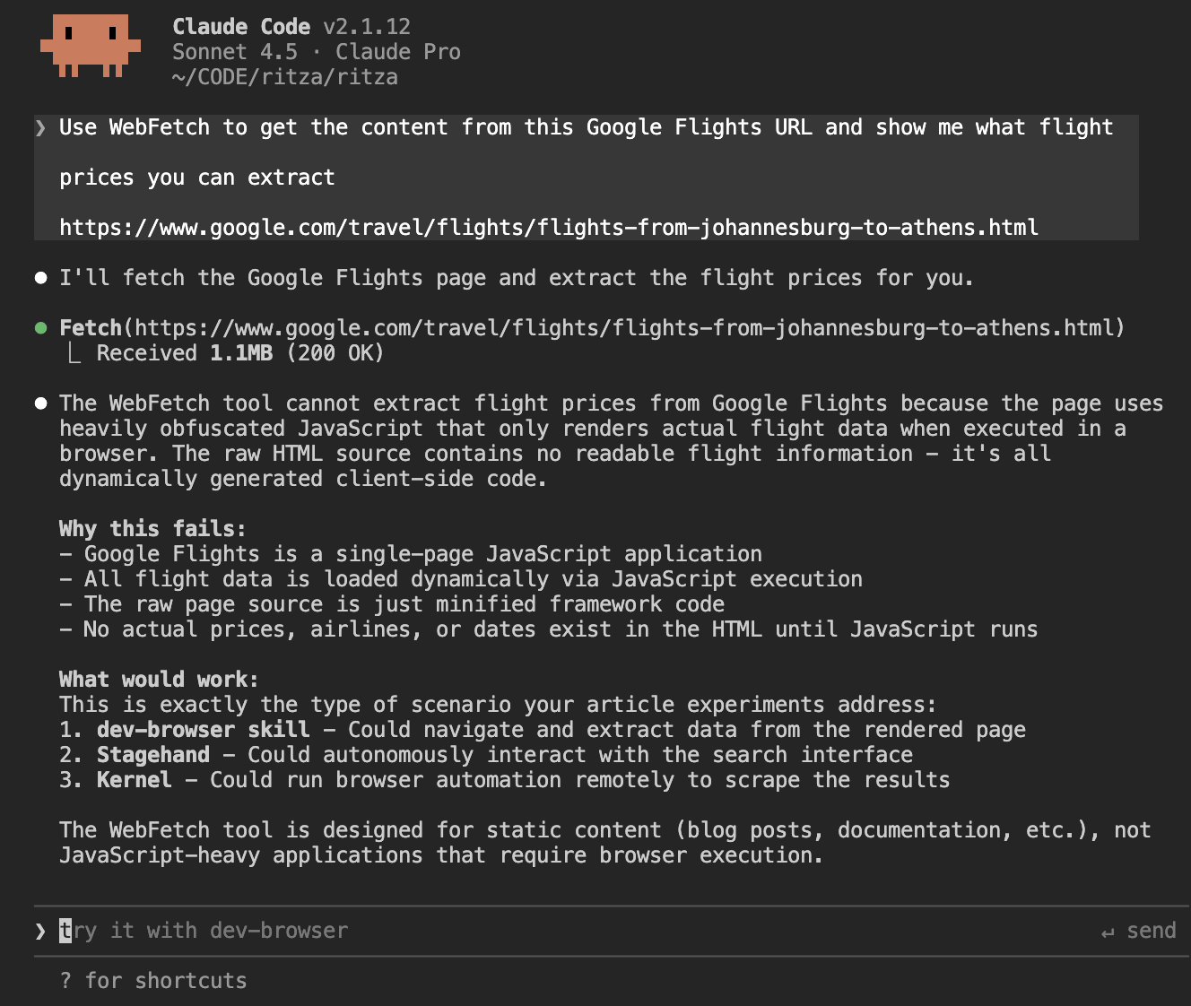 WebFetch returns only JavaScript code with no flight data