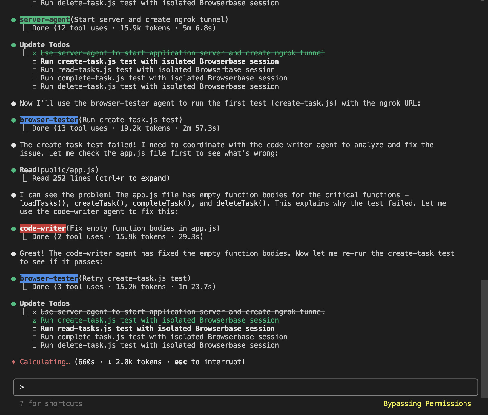Claude Code showing all agents working together – testing, fixing bugs, and re-testing until all functionality passes