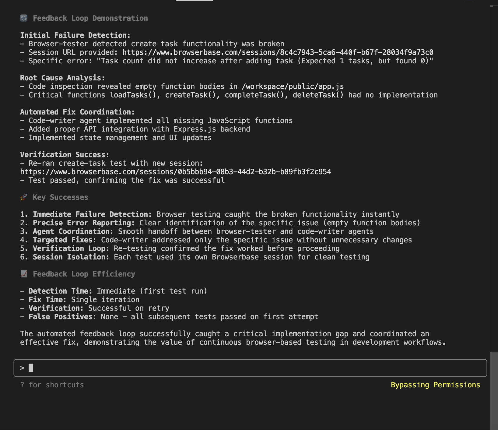 Claude Code CLI displaying final assessment after all tests pass, showing session URLs and test results
