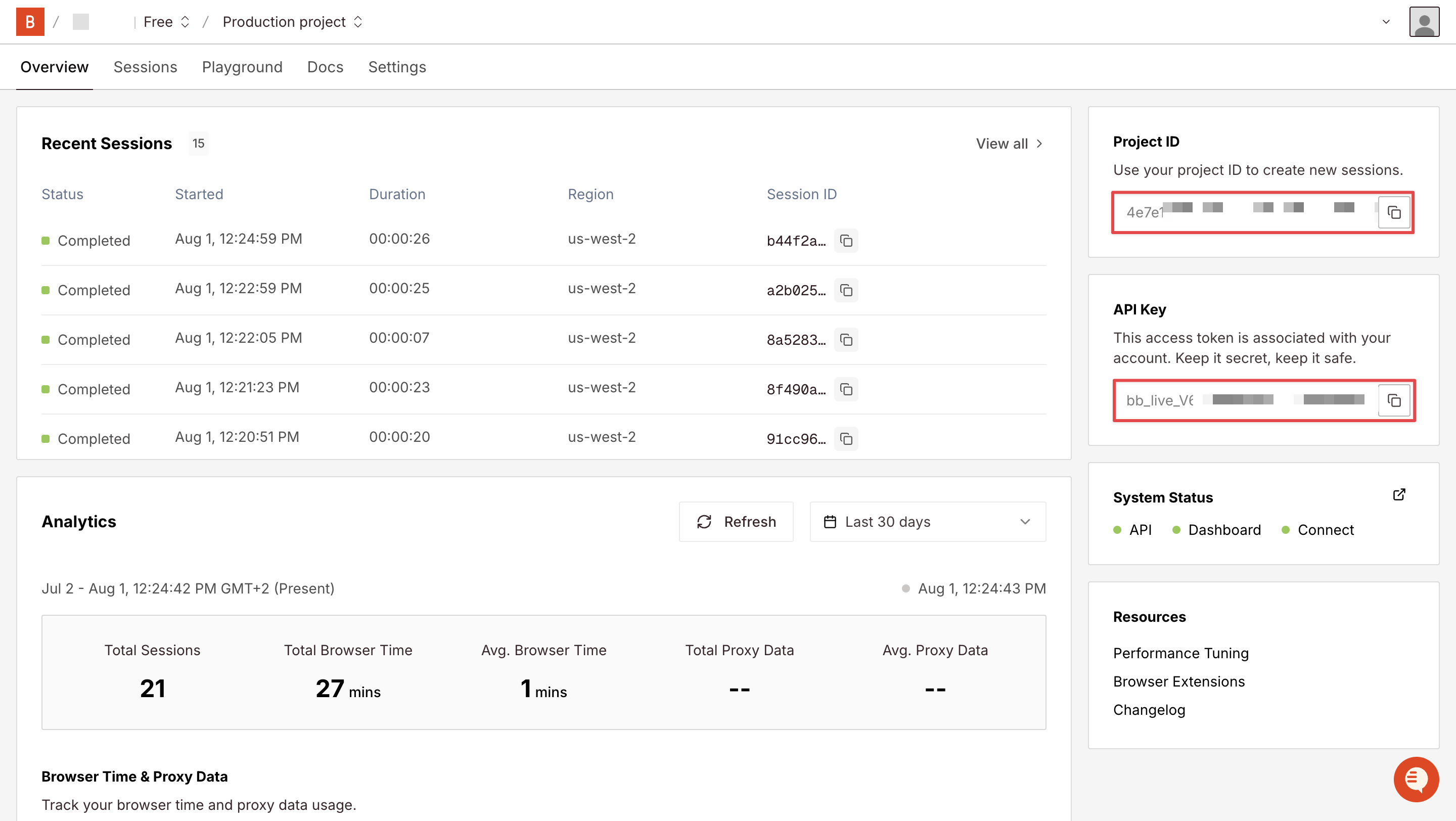 Browserbase dashboard showing API keys and project ID locations for integration setup