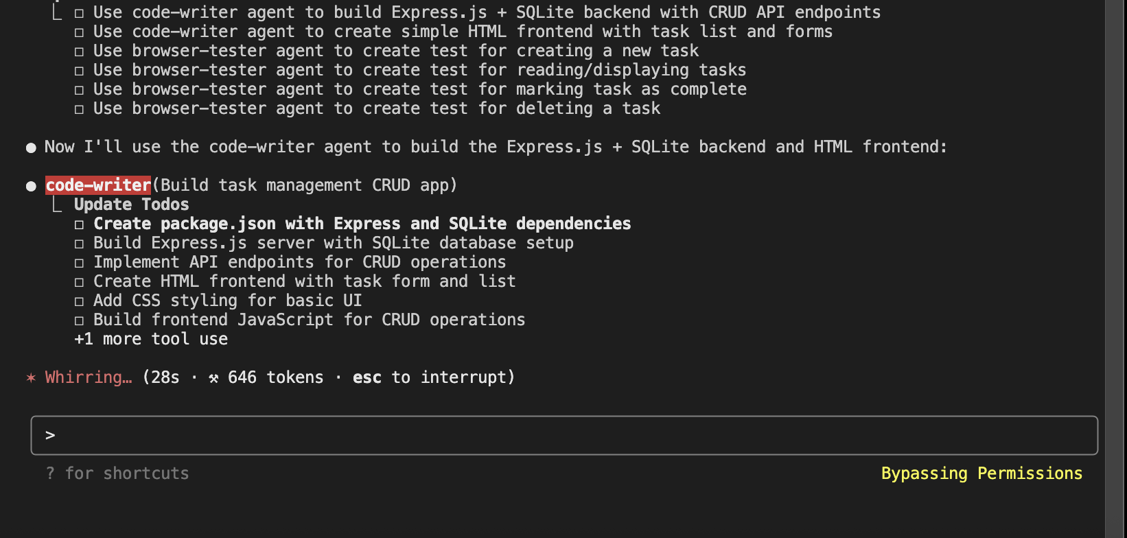 Claude Code writer agent creating the Express.js application with SQLite database and basic CRUD functionality