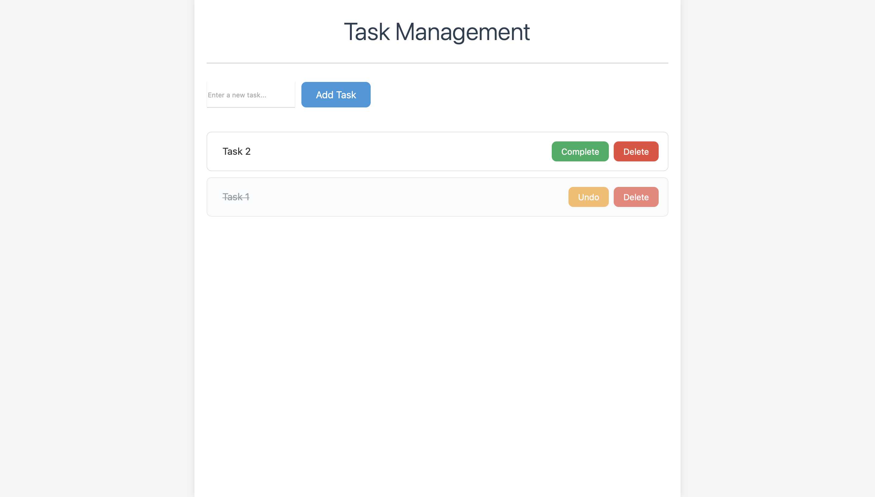 The running task management application served at localhost:3000 showing the functional CRUD interface with task list and forms