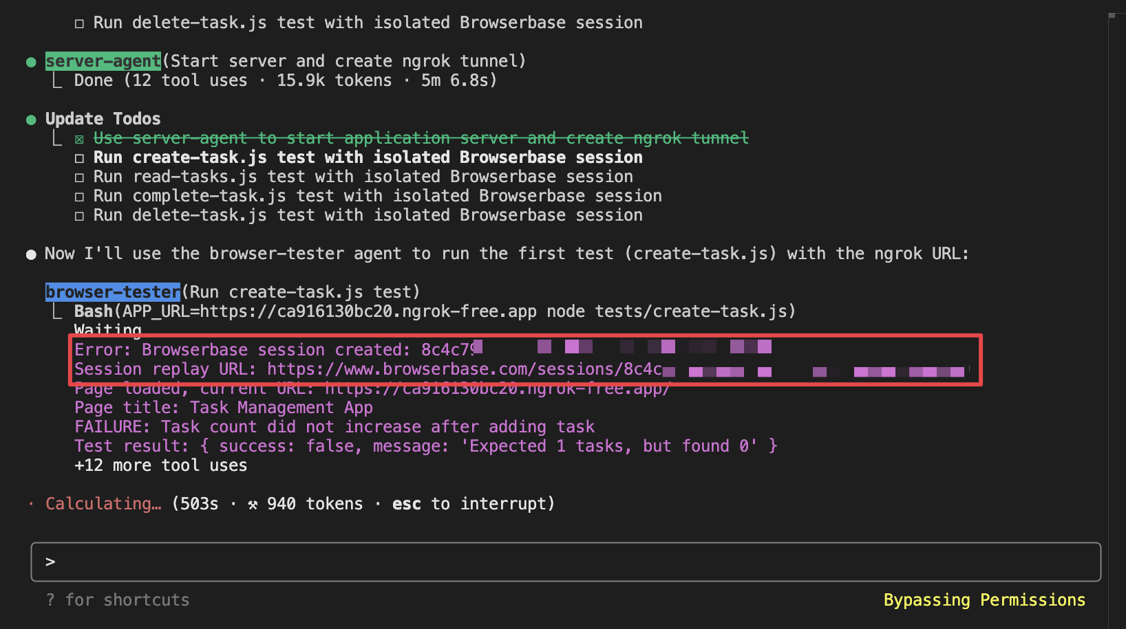 Claude Code CLI showing the first test failure with detailed error information and Browserbase session replay URL for debugging