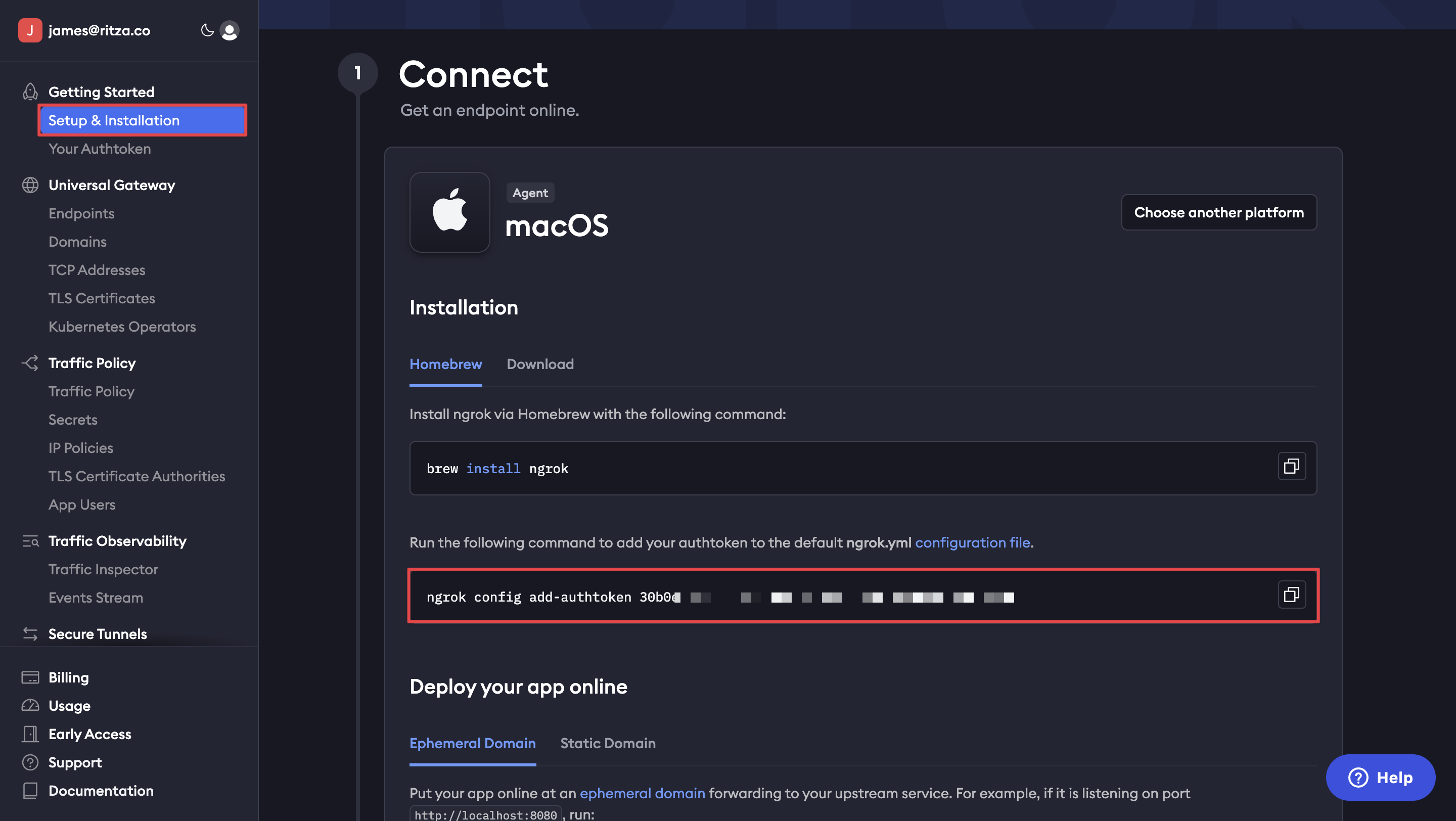 Ngrok dashboard displaying the authtoken location for API access configuration