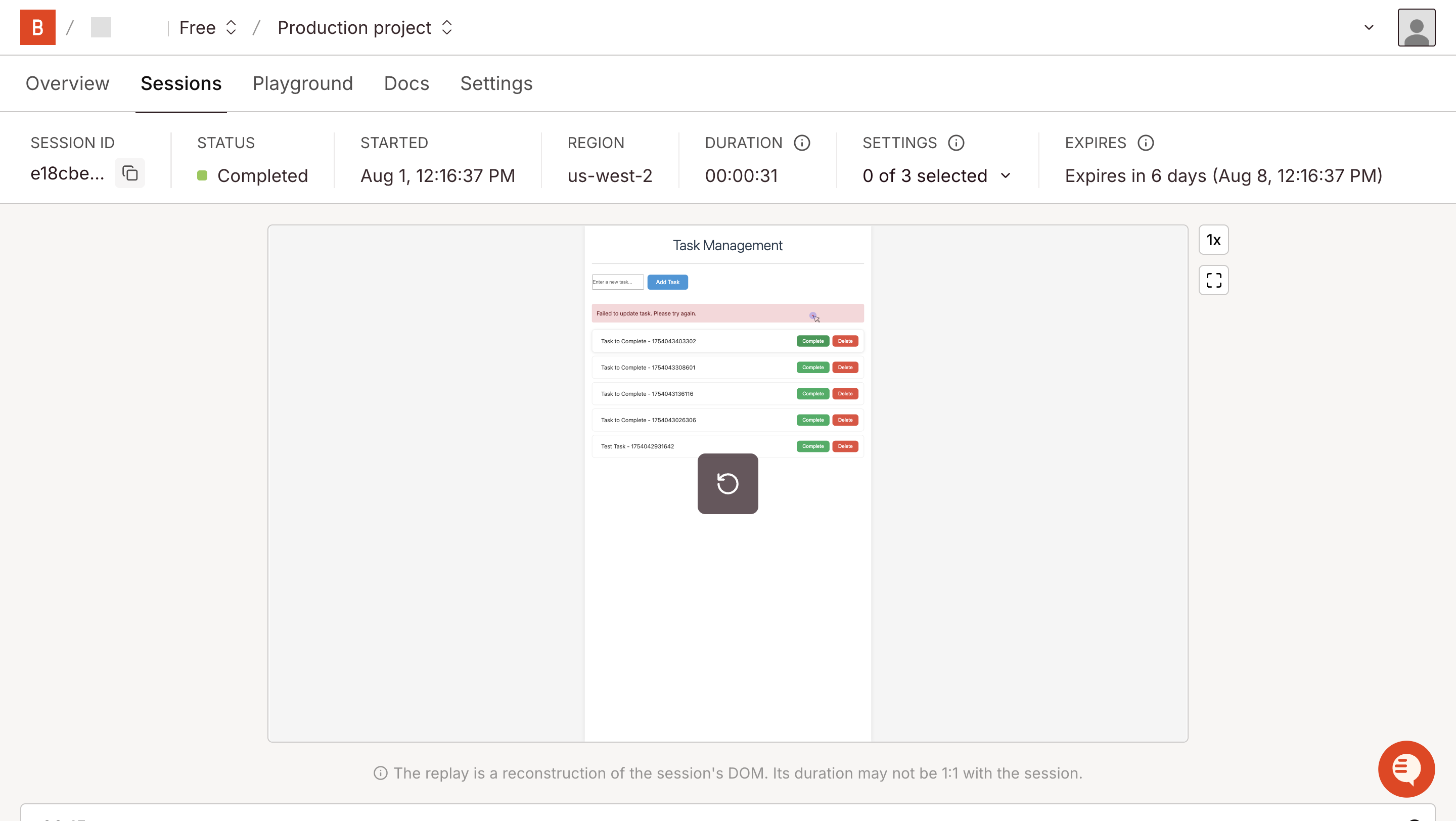 Browserbase dashboard showing a detailed session replay of a failed test with browser interactions and error states captured