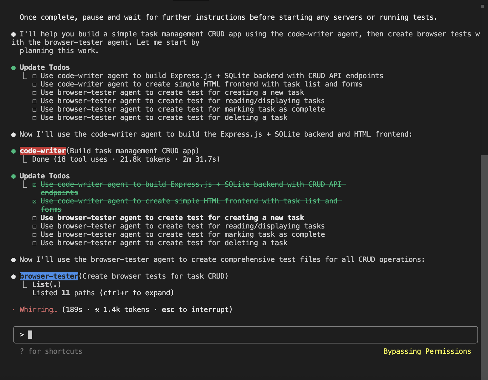 Browser tester agent writing test files for create, read, complete, and delete operations using Browserbase SDK