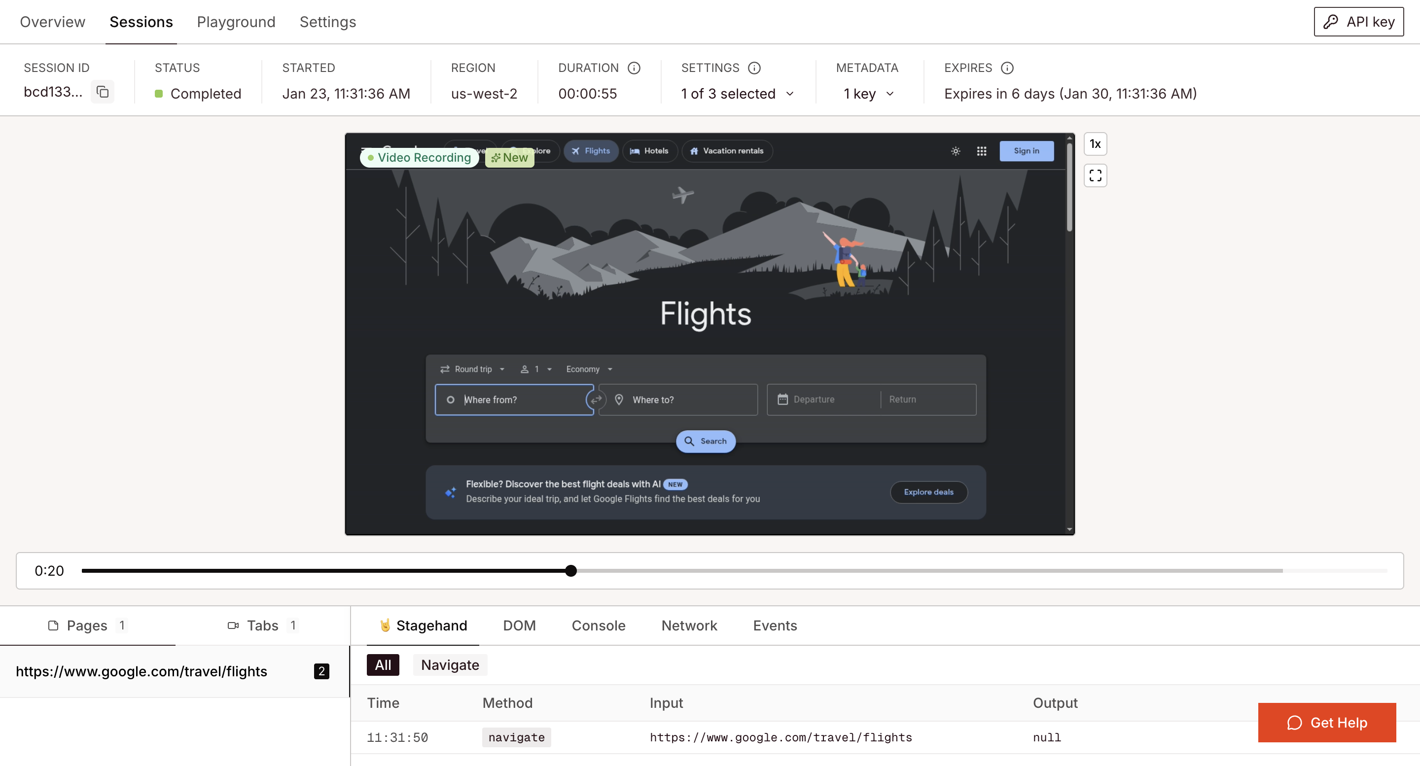 Browserbase Session Inspector with Google Flights
