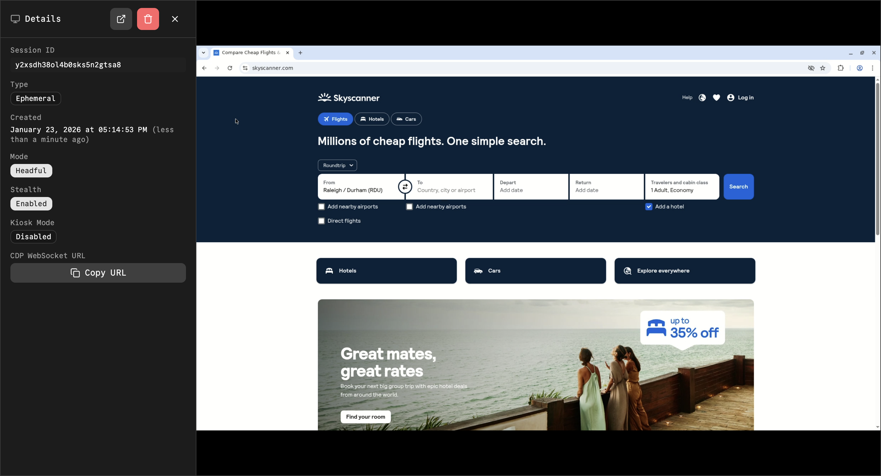 Kernel successfully loading Skyscanner with stealth mode