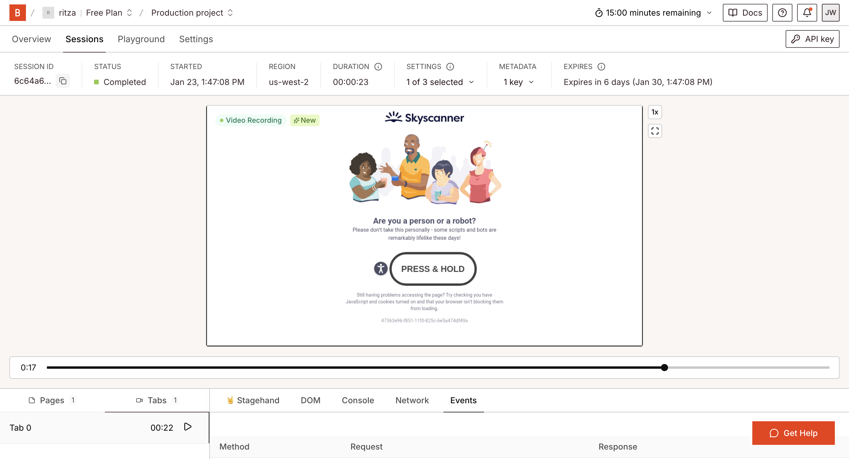 Browserbase blocked by Skyscanner Press & Hold challenge