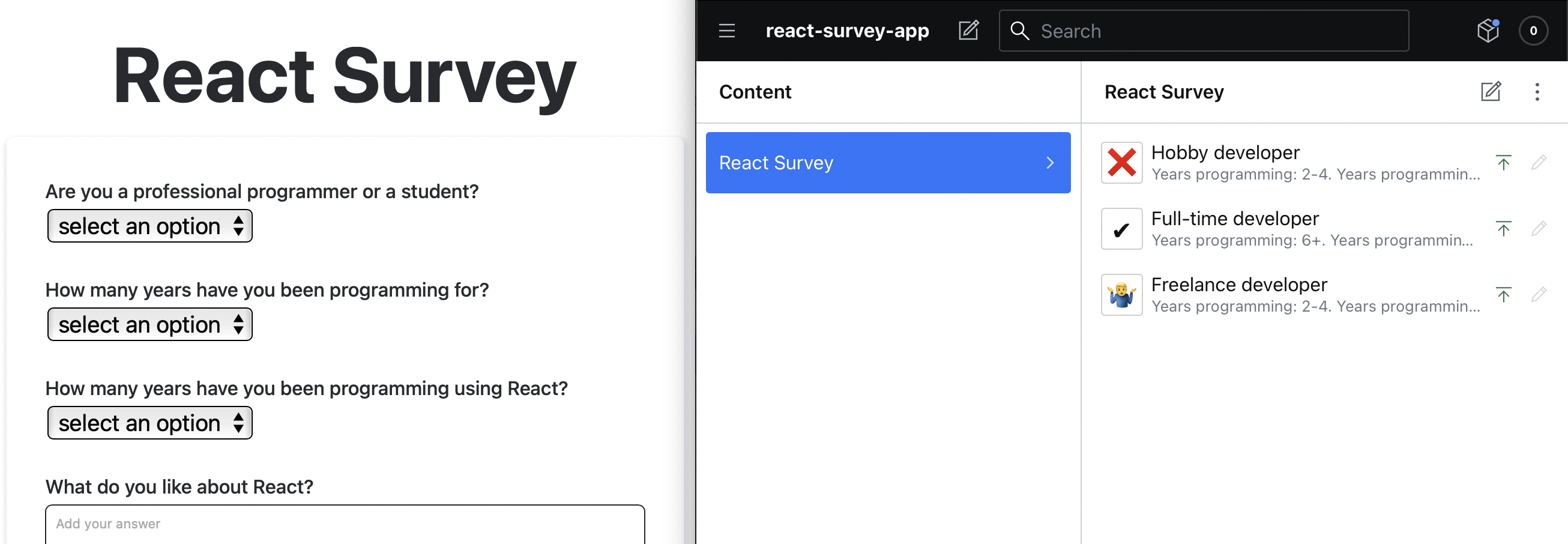 Survey app - front end form and Sanity Studio CMS