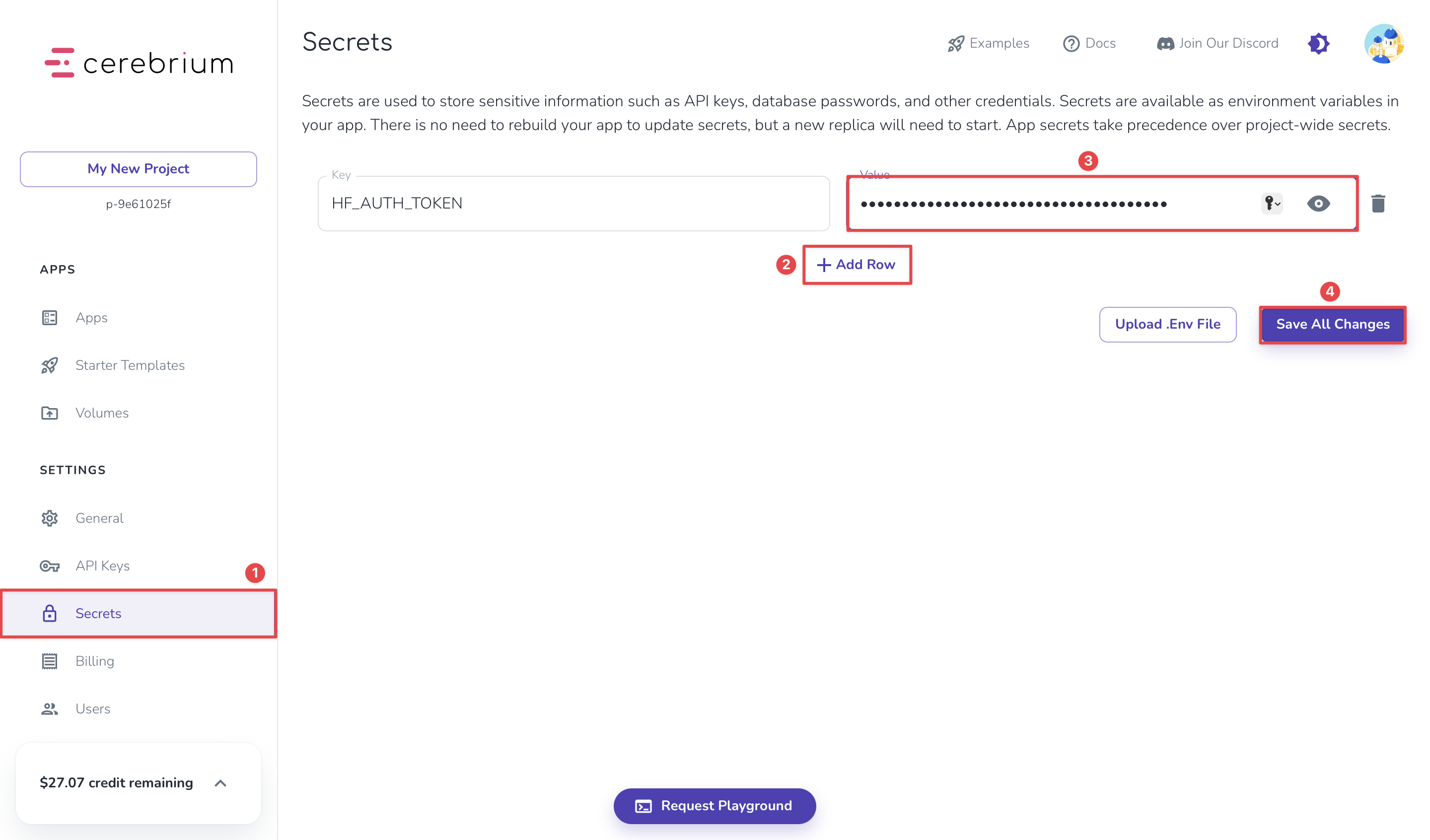 Cerebrium's Secrets management interface showing where to enter and save the Hugging Face token