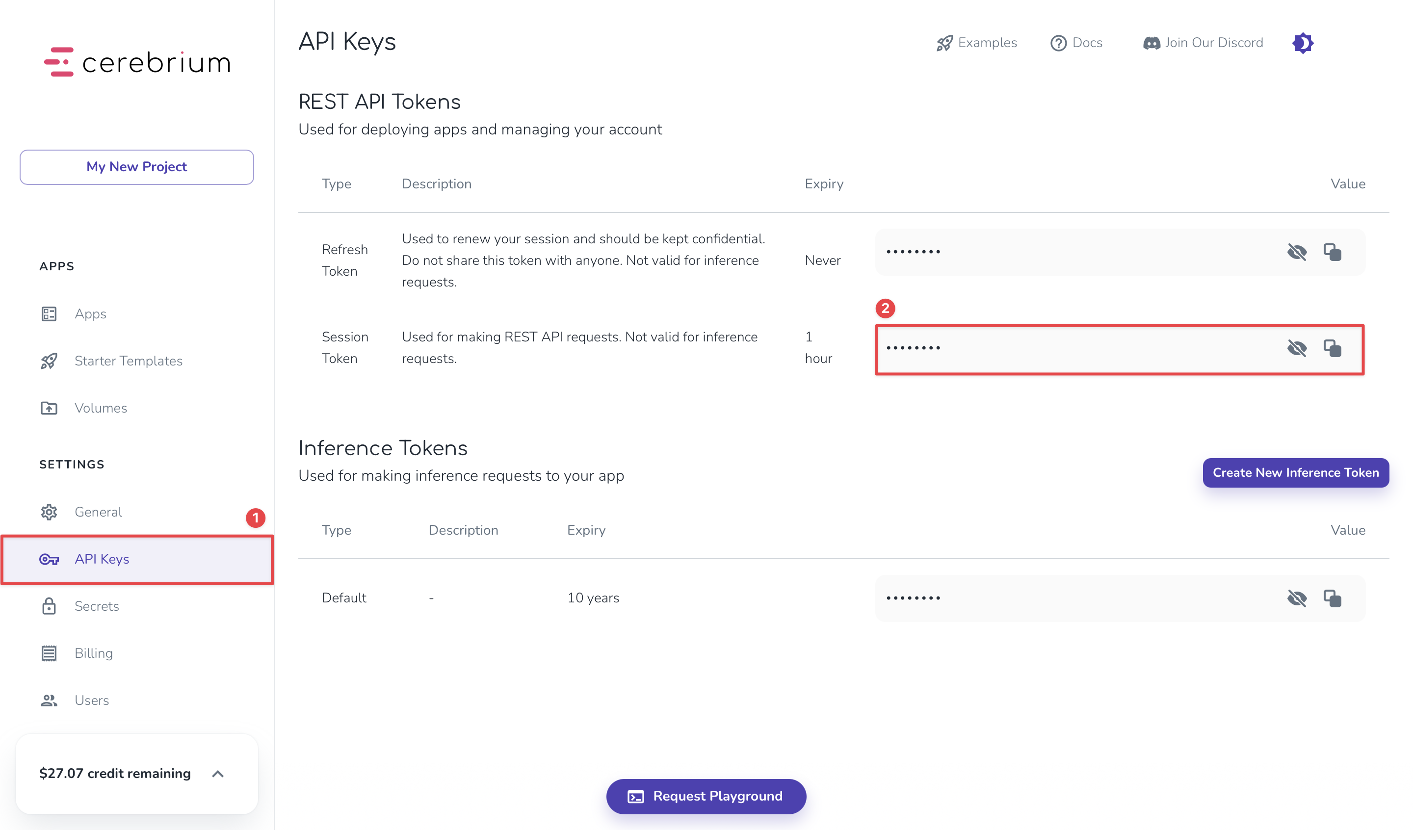 Screenshot of Cerebrium's API Keys interface showing where users can copy the Session Token value